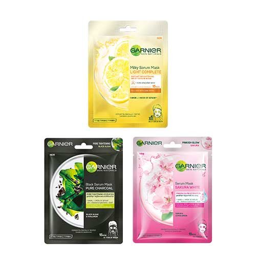 Garnier Sheet Mask Combo Pack of 3 - 1 Light Complete + 1 Sakura White + 1 Charcoal